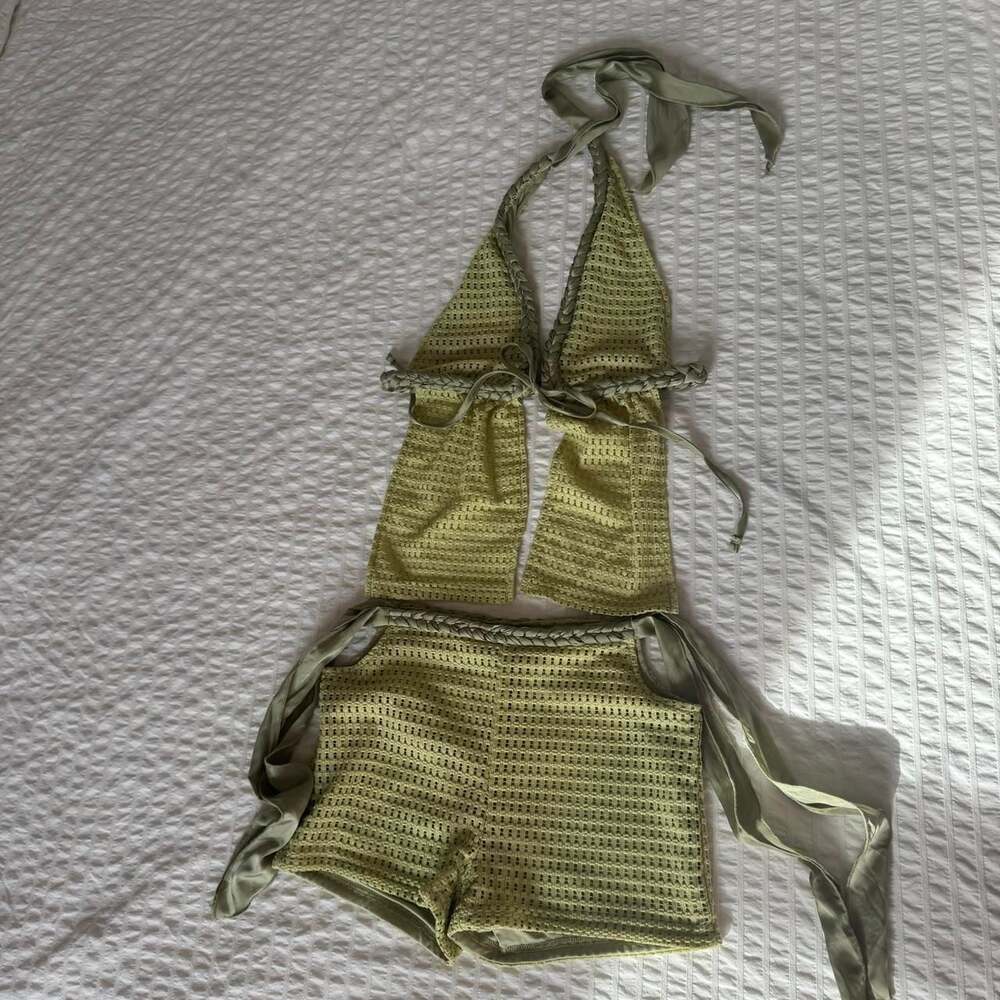 SOLD

Green Crochet Knit Halter Top & Mini Shorts Matching Set - Size S